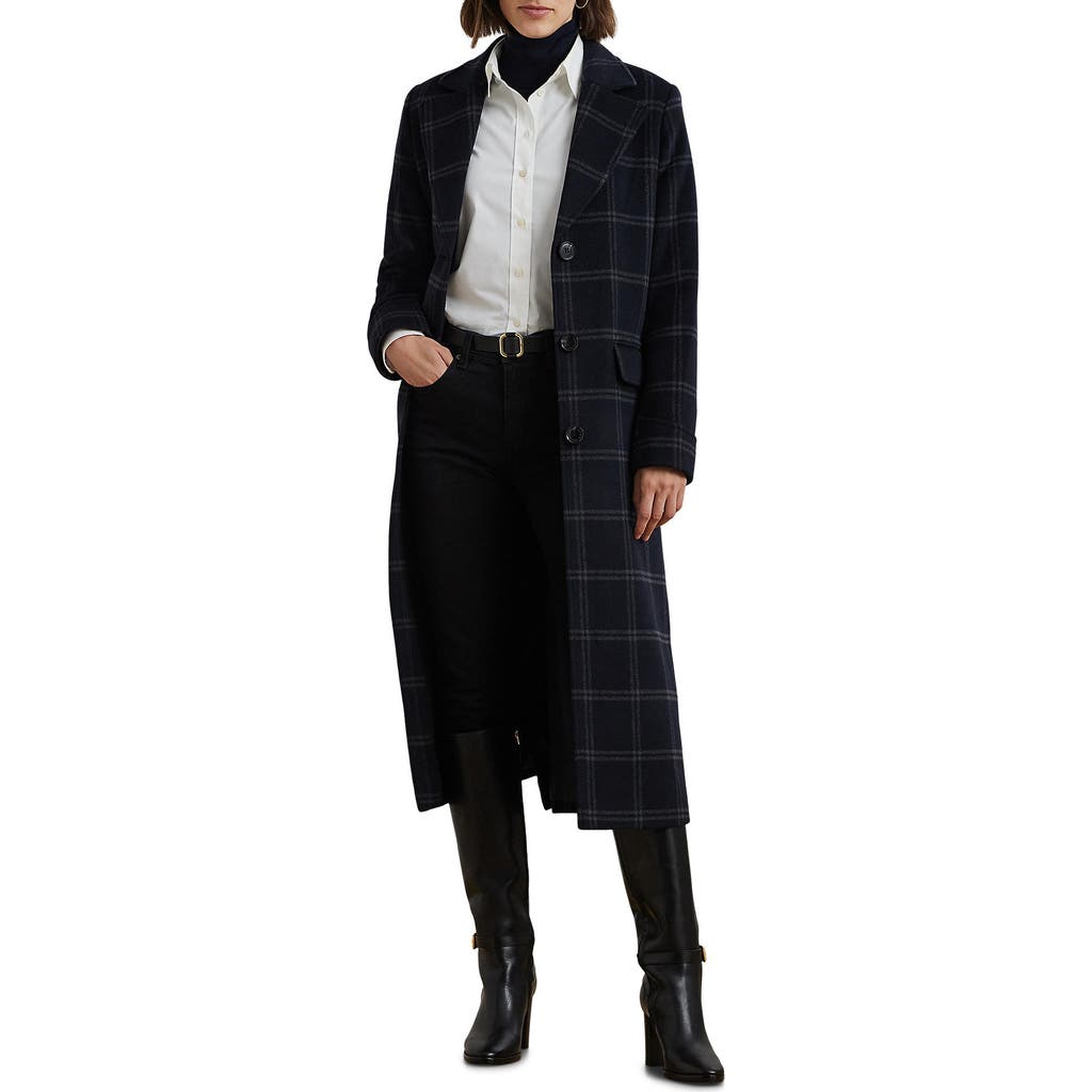 Ralph Lauren Lauren Windowpane Plaid Longline Wool Blend Reefer Coat In Navy Blue/grey Windowpane