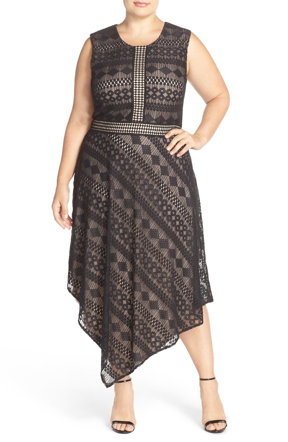 London Times Geo Stripe Lace Asymmetrical Hem Dress (Plus Size) | Nordstrom