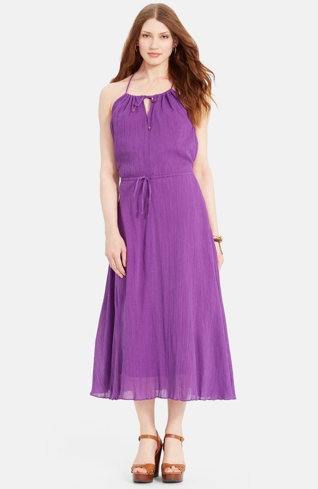 Lauren Ralph Lauren Keyhole Detail Cotton Gauze Blouson Midi Dress