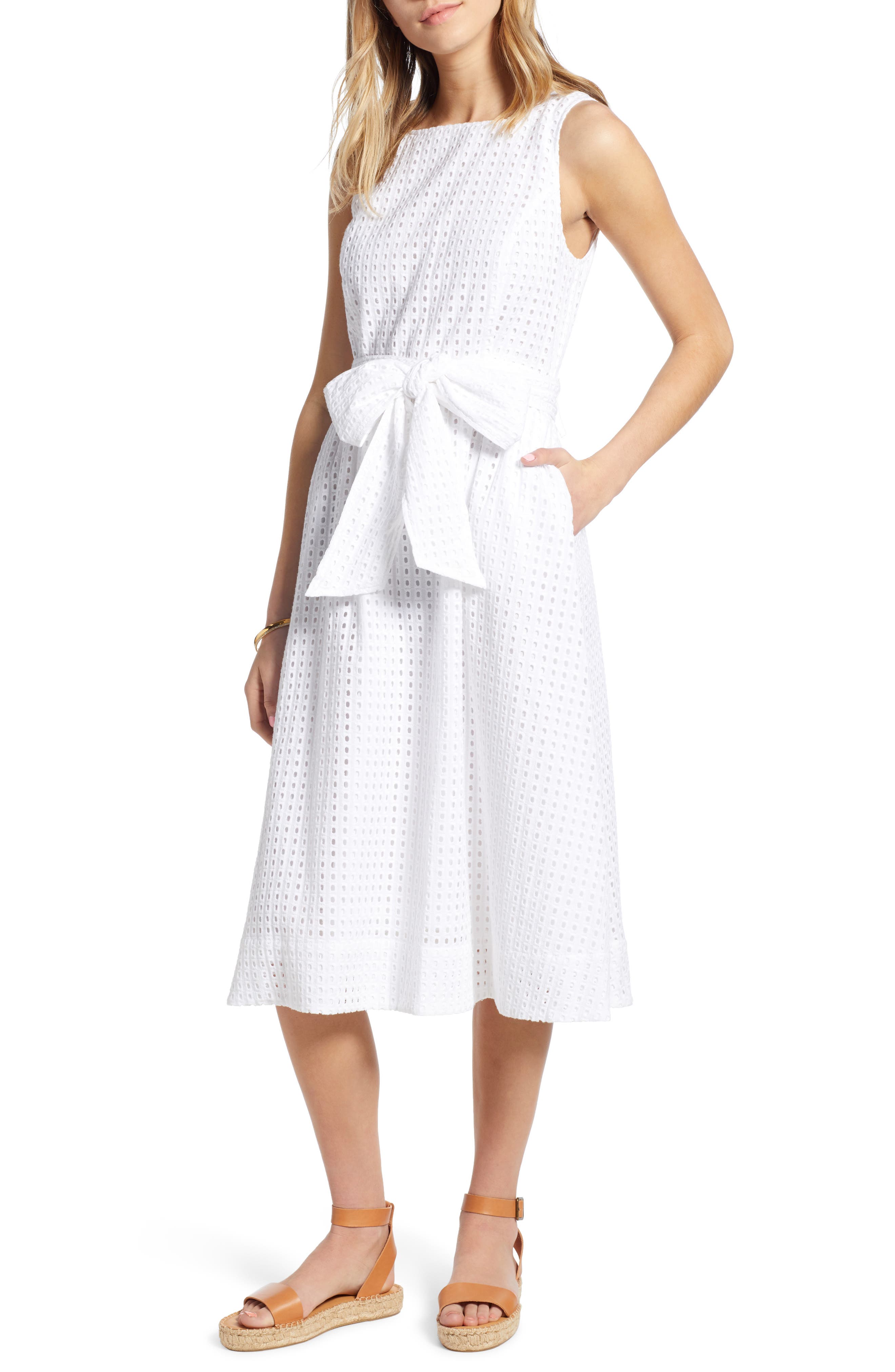 Petite 1901 Tie Waist Eyelet Dress, White