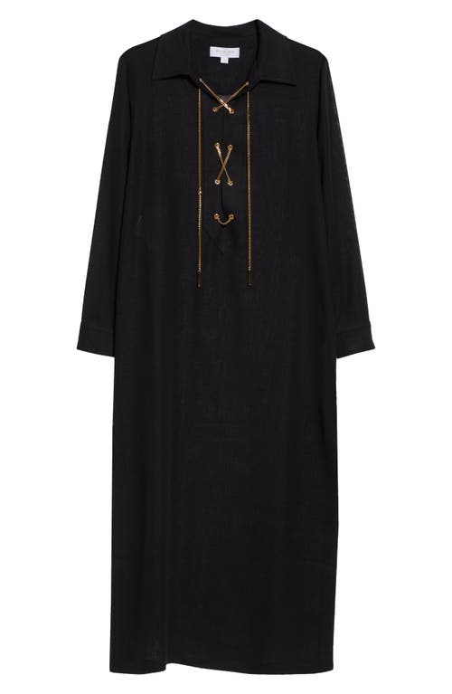 Lace-Up Chain Long Sleeve Linen Gauze Shirtdress in Black