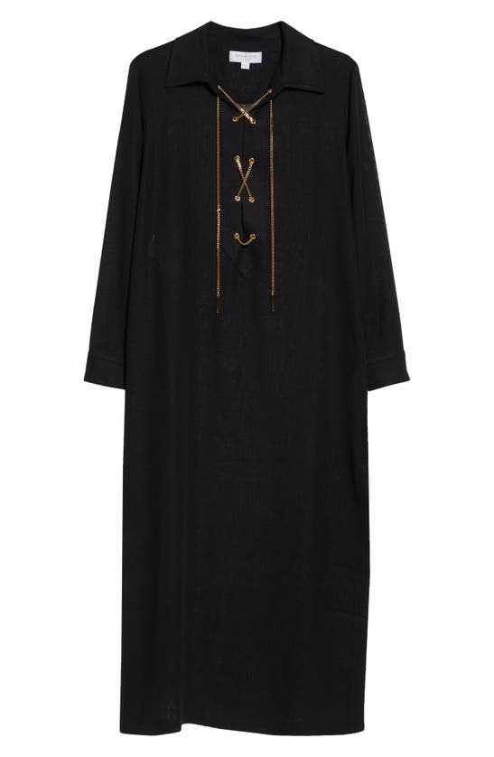 Shop Michael Kors Lace-up Chain Long Sleeve Linen Gauze Shirtdress In Black