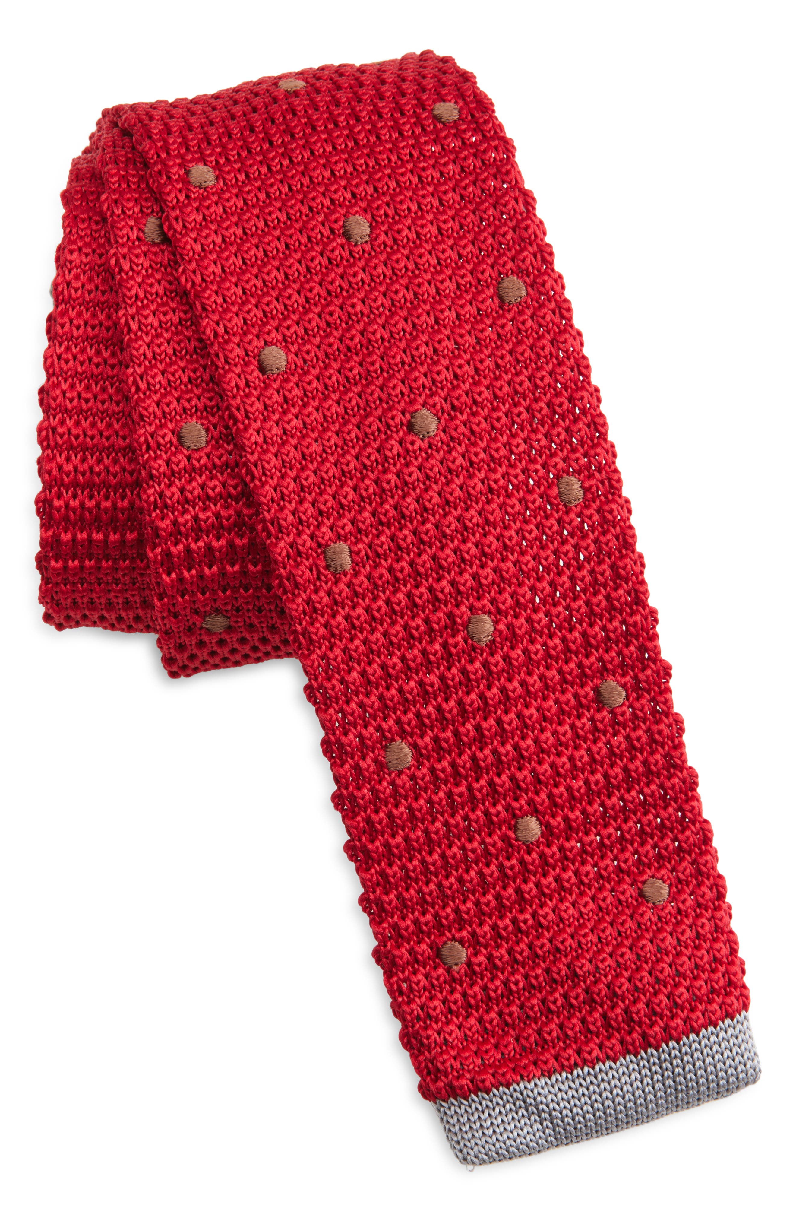 CLIFTON WILSON Red & Grey Polka Dot Knit Silk Tie 