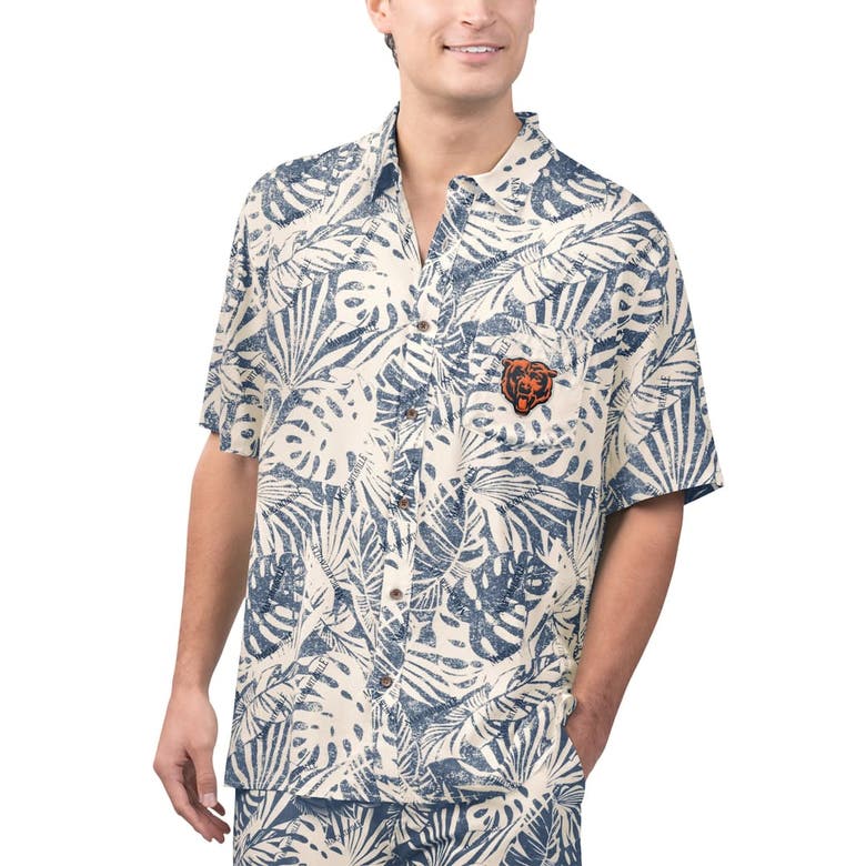 Shop Margaritaville Tan Chicago Bears Sand Washed Monstera Print Party Button-up Shirt In Cream