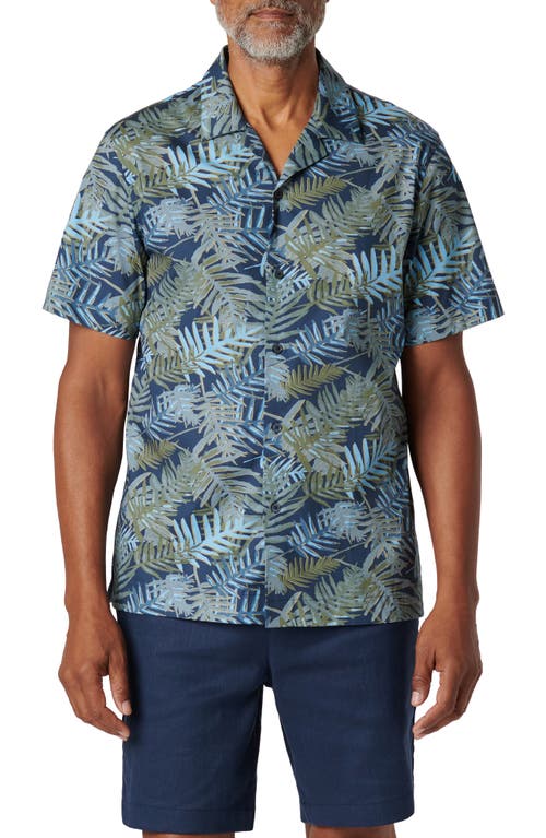 Bugatchi Orson Frond Print Shaped Fit Camp Shirt Navy at Nordstrom,