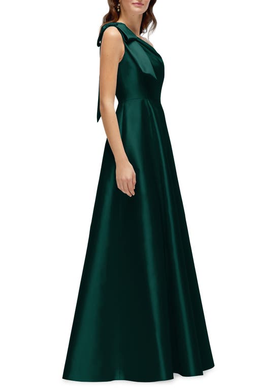 Alfred Sung Bow One-shoulder Full A-line Satin Maxi Dress In Evergreen