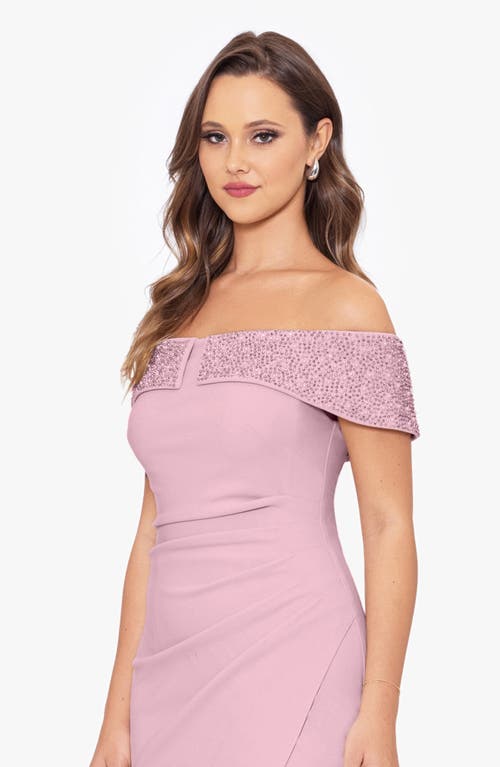 Shop Betsy & Adam Bead Detail Off The Shoulder Scuba Crepe Sheath Gown In Rose/pearl