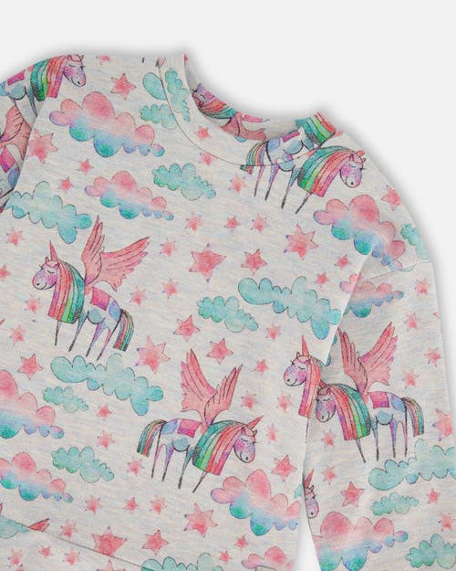 Shop Deux Par Deux Girl's Printed Shiny French Terry Dress Gray Mix Printed Unicorn In Printed Angel Unicorns