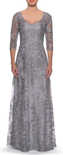 La Femme Floral Embroidered Mesh A-Line Gown | Nordstrom