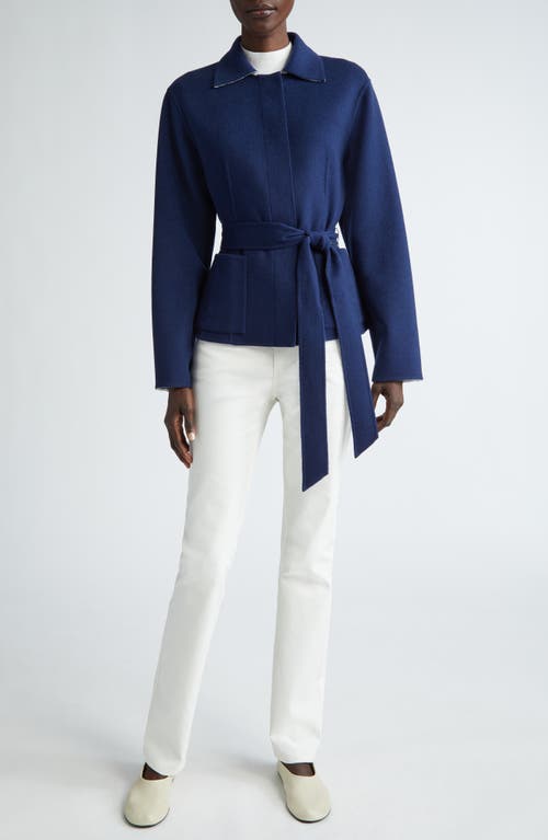 Shop Lafayette 148 New York Reversible Belted Wool & Cashmere Jacket In Midnight Blue/cloud