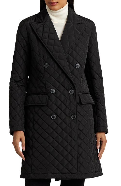 Lauren Ralph Lauren Crest Embroidered Quilted Double Breasted Coat in Black at Nordstrom, Size X-Large