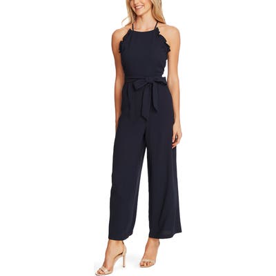 Cece Sleeveless Belted Ruffle Jumpsuit, Blue