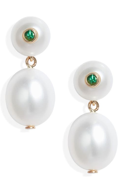 Poppy Finch Freshwater Pearl & Emerald Drop Earrings In White
