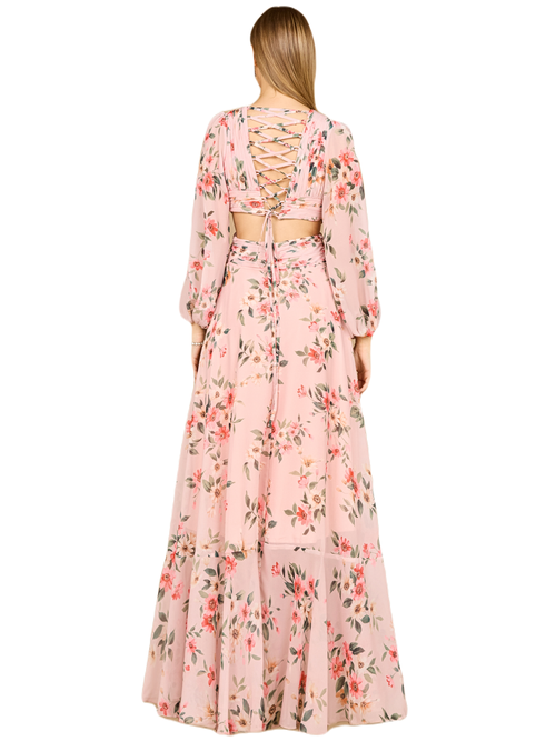 Lara New York Long Sleeve V-neck, Layered Skirt Print Dress In Blush
