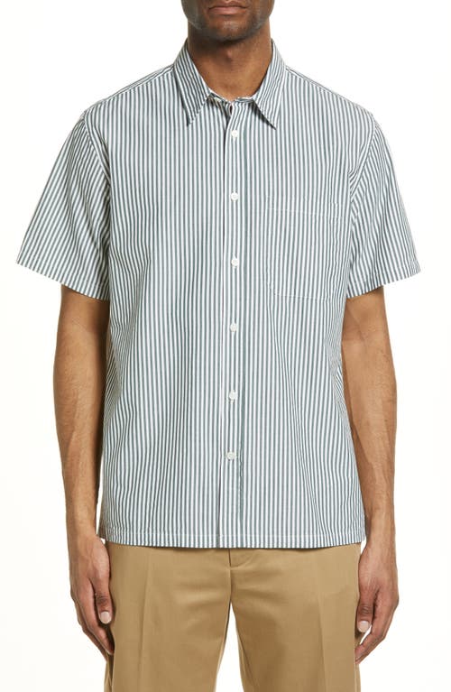 Norse Projects Men's Oscar Stripe Short Sleeve Cotton Button-Up Shirt in Leaf Green