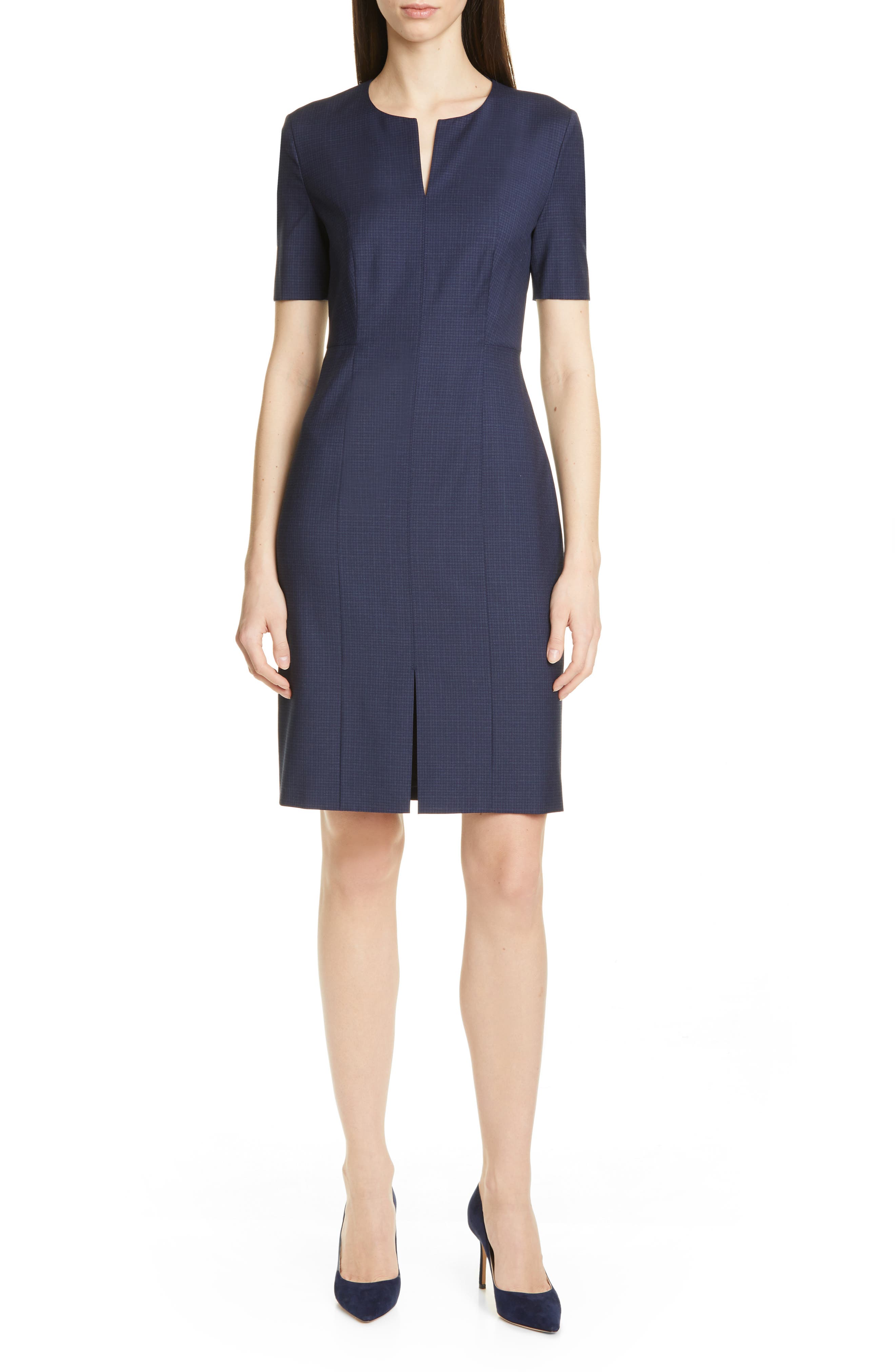 Petite Boss Delysia Small Check Wool Sheath Dress, Blue