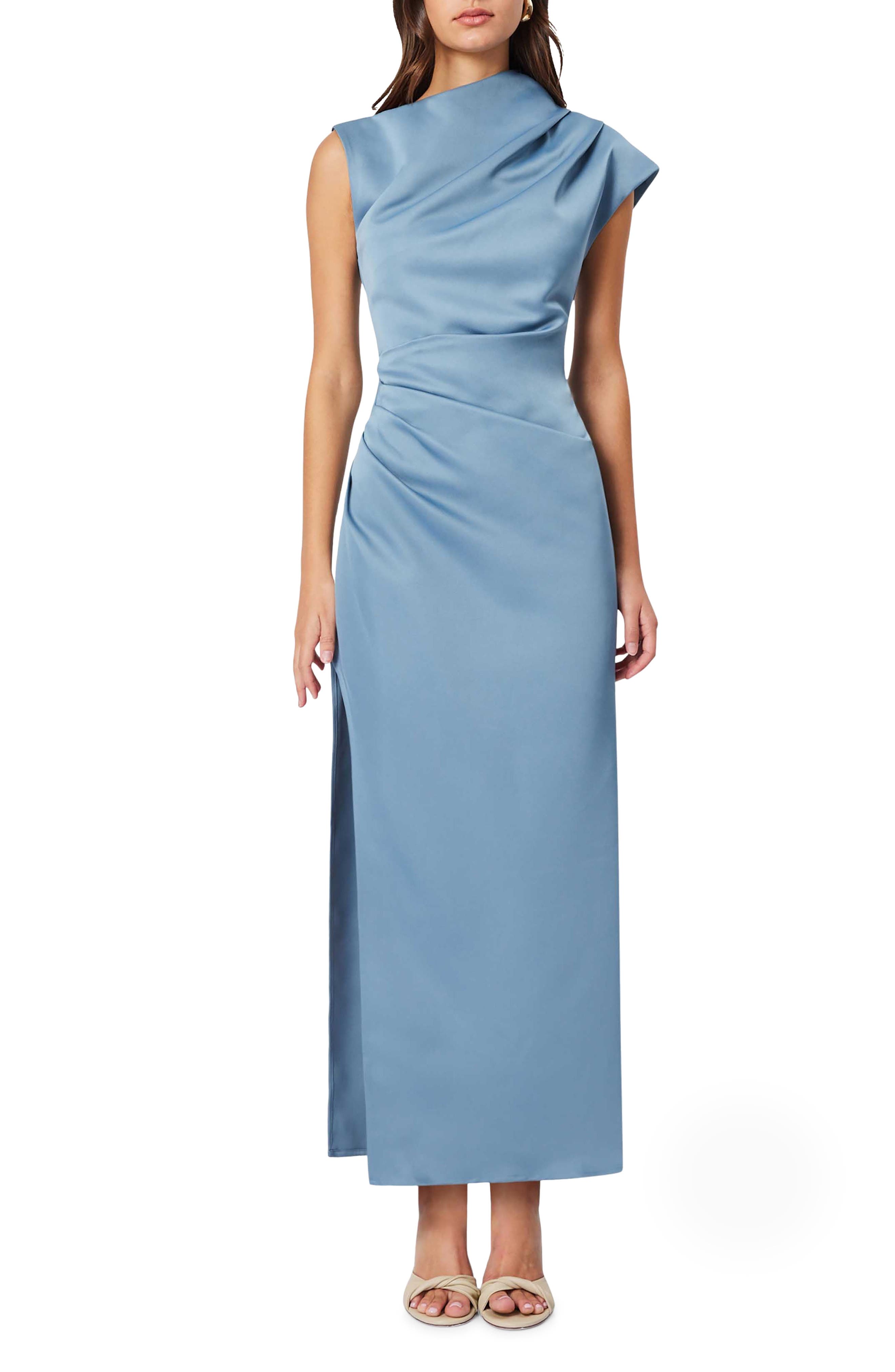 Elliatt Coralie Asymmetric Neck Ruched Satin Gown in Steel Blue 