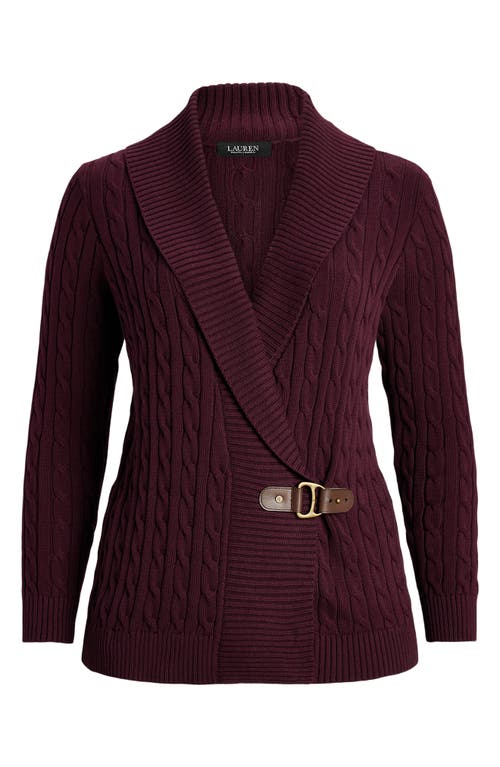 Shop Lauren Ralph Lauren Cotton Cable Shawl Collar Cardigan In Pinot Noir