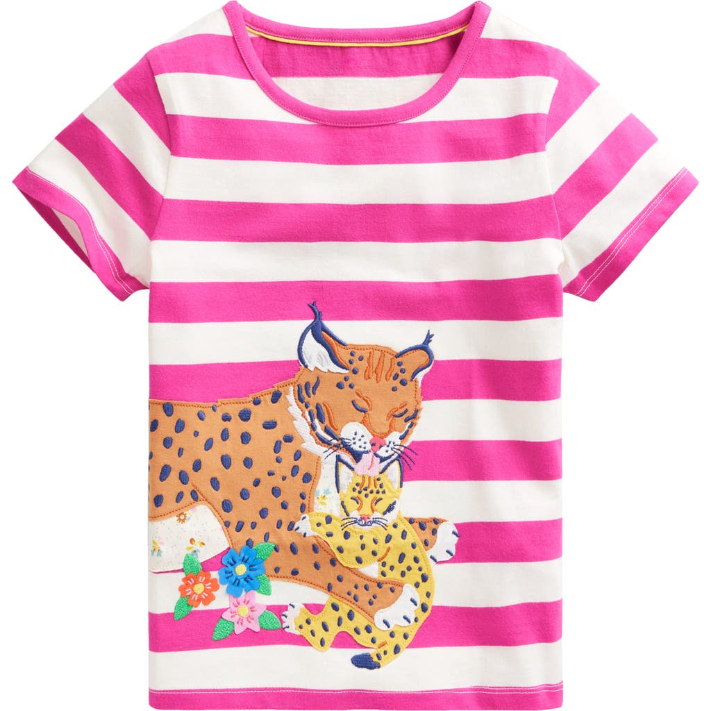 Mini Boden Kids' Stripe Appliqué Cat Cotton Graphic T-shirt In Pink