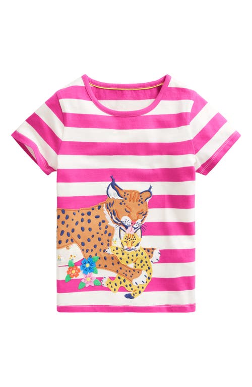 Mini Boden Kids' Stripe Appliqué Cat Cotton Graphic T-Shirt Pink/Ivory Lynx at Nordstrom,