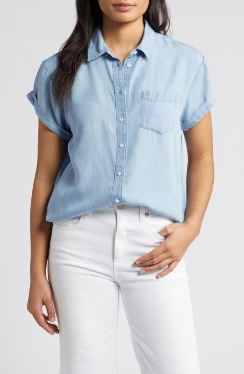 Women 3/4 Sleeve Tops And Blouses under Shirt with Sleeves Women's Summer  Casual Button Down Denim Shirt Collared Short Sleeve Shirt Pocket Tops