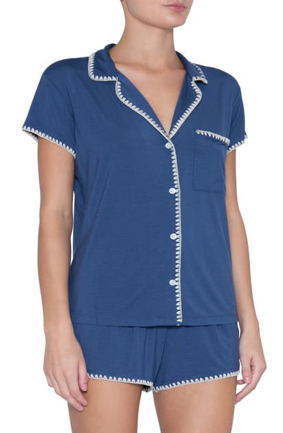Eberjey Frida Whipstitch Short Pajamas In Crown Blue/ Nude Tint