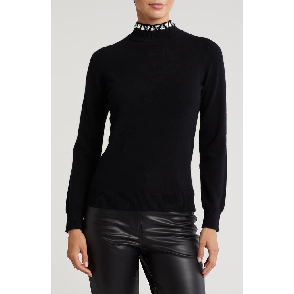 Sofia Cashmere Mock Neck Stone Trim Cashmere Sweater In Black