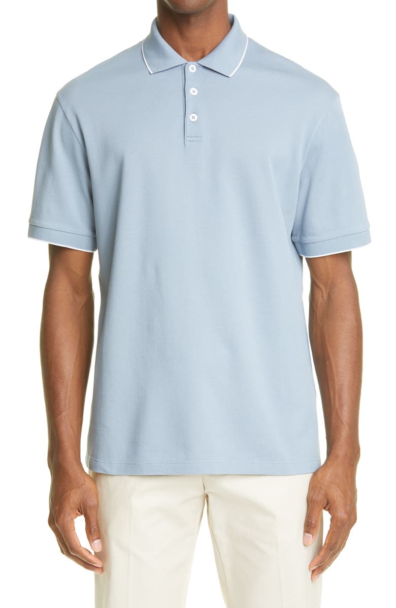 GIORGIO ARMANI Tipped Short Sleeve Cotton Polo, Main, color, BLUE GREY