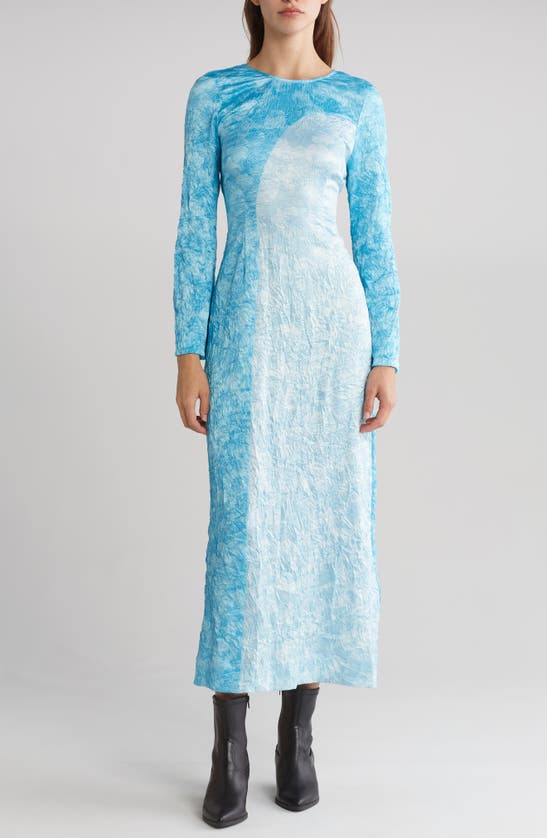 Shop Ganni Crinkled Long Sleeve Satin Maxi Dress In Ethereal Blue