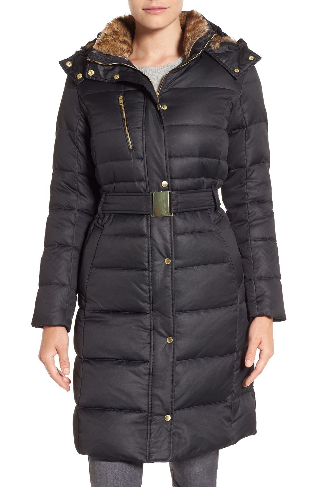 Cole Haan Signature Belted Down & Feather Fill Long Coat with Faux Fur