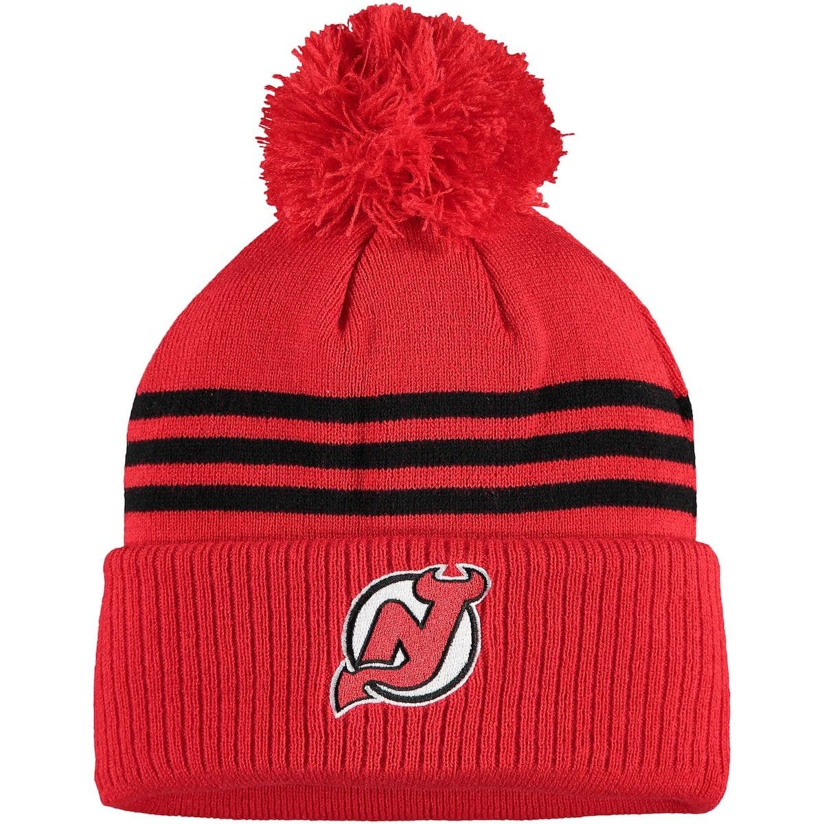 Three Stripe Cuffed Knit Hat with Pom 