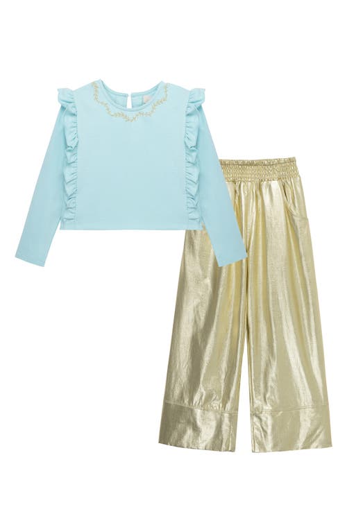 Peek Aren'T You Curious Kids' Embroidered Long Sleeve Top & Linen Blend Pants Set Light Blue And Gold at Nordstrom,