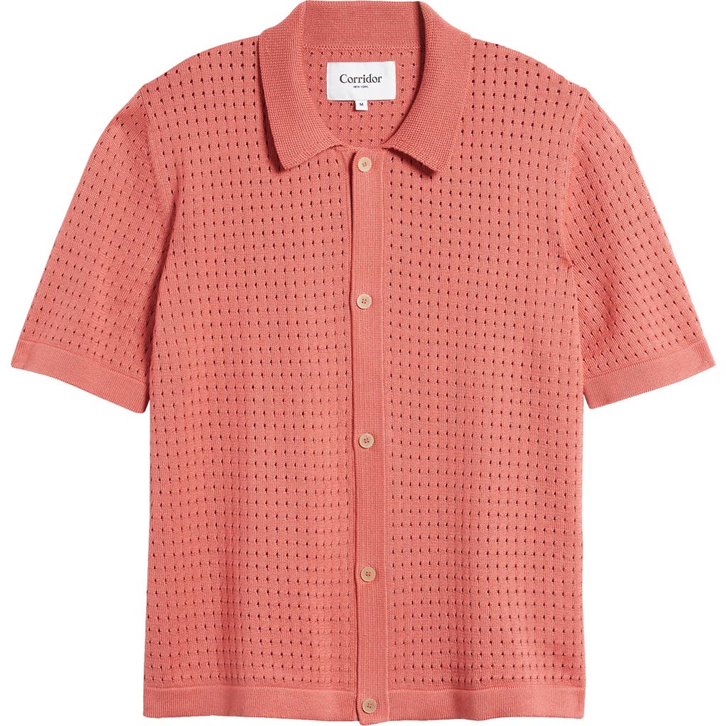 Corridor Pointelle Stitch Short Sleeve Cotton Knit Button-up Shirt In Brown
