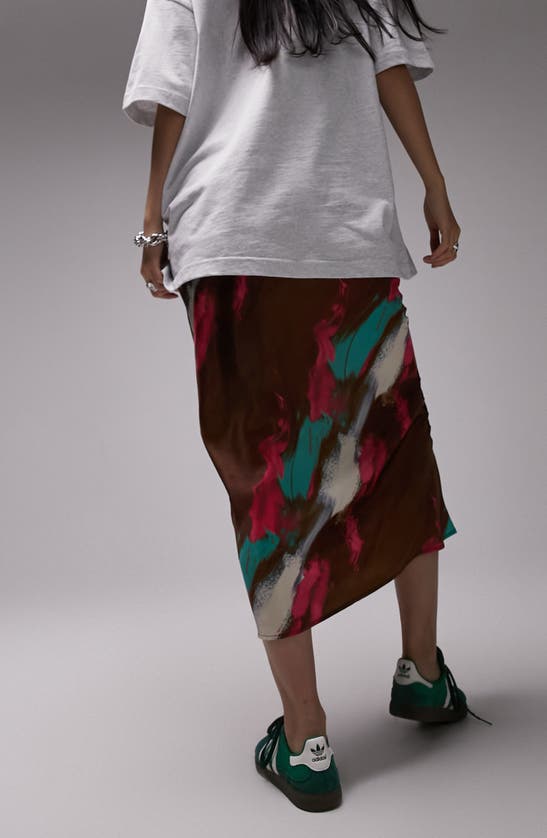 Shop Topshop Printed Satin Midi Skirt In Brown Multi