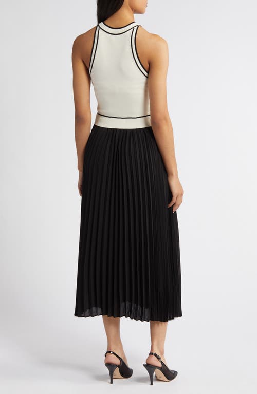 Shop Zoe And Claire Pleated Skirt Mixed Media Midi Dress In Ivory/black