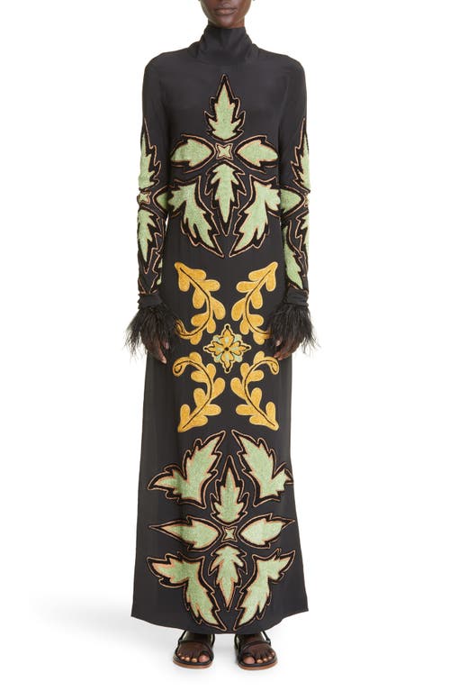 Johanna Ortiz Uzbek Flair Print Silk Midi Dress in Fair Black Green Honey