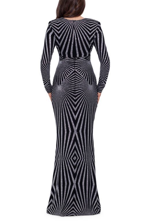 Shop Betsy & Adam Geometric Metallic Long Sleeve Gown In Black/silver