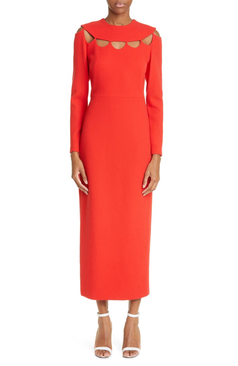 Lela Rose Scallop Cutout Long Sleeve Wool Blend Sheath Dress, Main, color, 