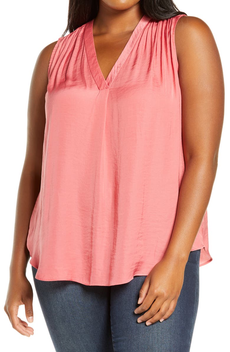 VINCE CAMUTO V-Neck Rumple Blouse, Main, color, CORAL BLOSSOM
