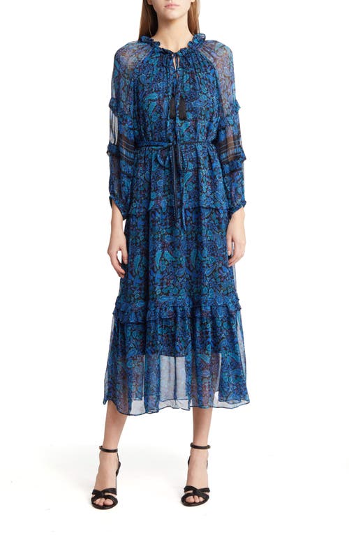 KOBI HALPERIN Amelie Ruffle Trim Long Sleeve Maxi Dress in Blue Multi