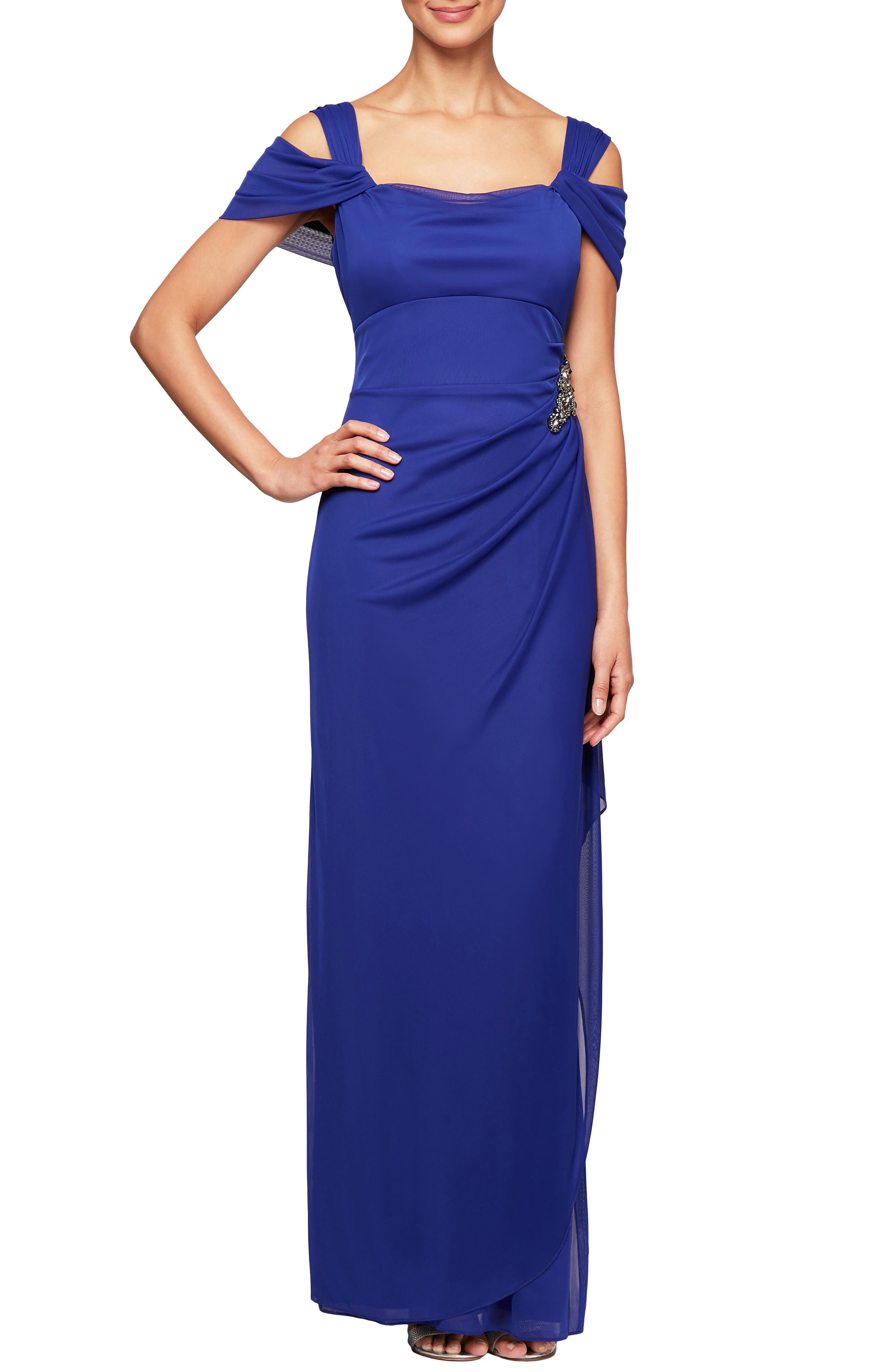 Petite Alex Evenings Embellished Cold Shoulder Gown, Purple