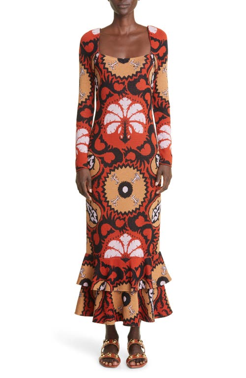 Johanna Ortiz Artful Dream Ruffle Hem Long Sleeve Pima Cotton Midi Dress in Suzani Marsala Black Lila
