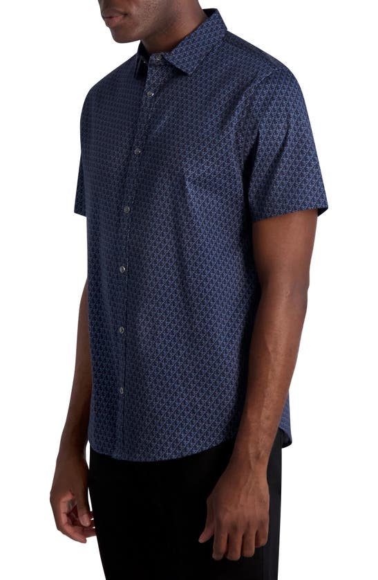Karl Lagerfeld Logo Print Short Sleeve Stretch Cotton Button-up Shirt In Navy