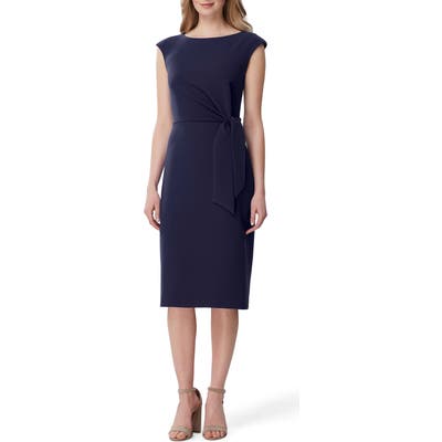 Petite Tahari Side Tie Stretch Crepe Sheath Dress, Blue