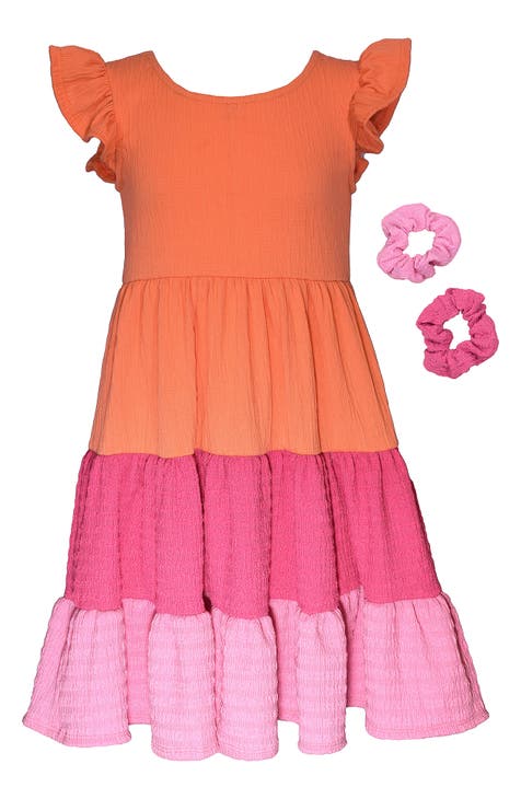 Kids' Flutter Sleeve Colorblock Dress & Scrunchies Set (Big Kid)