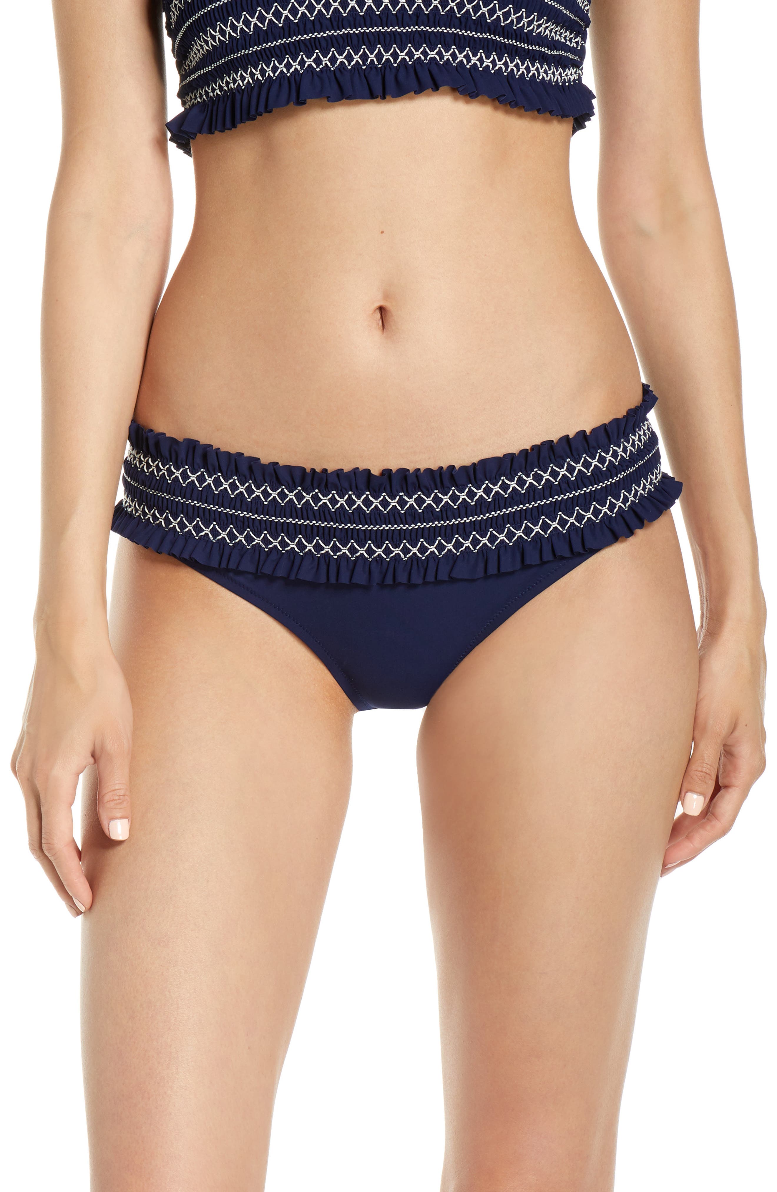 Tory Burch Costa Smocked Hipster Bikini Bottoms, Blue