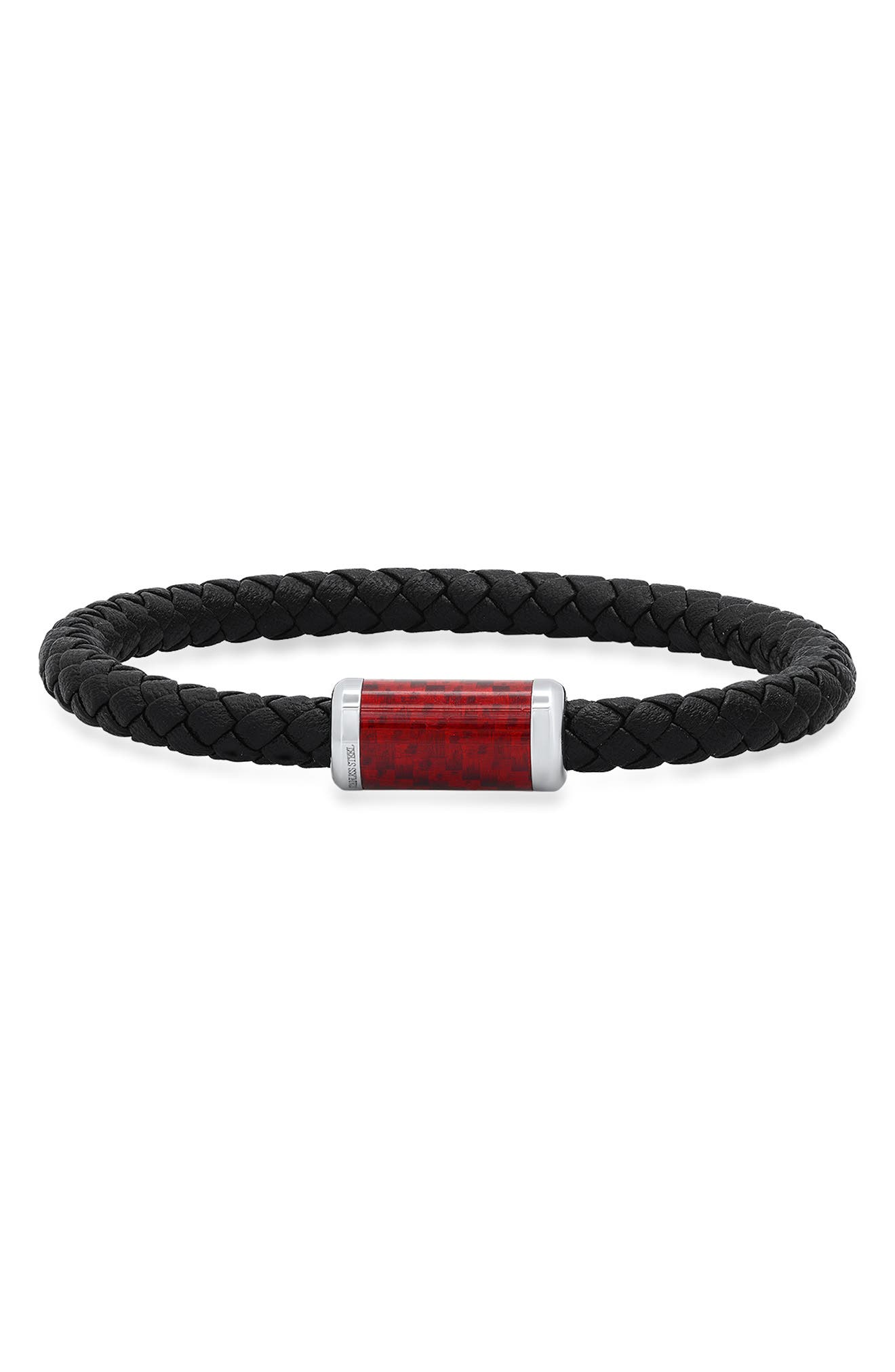Hmy Jewelry Stainless Steel Red Carbon Black Braided Leather Bracelet In Black-red-metallic
