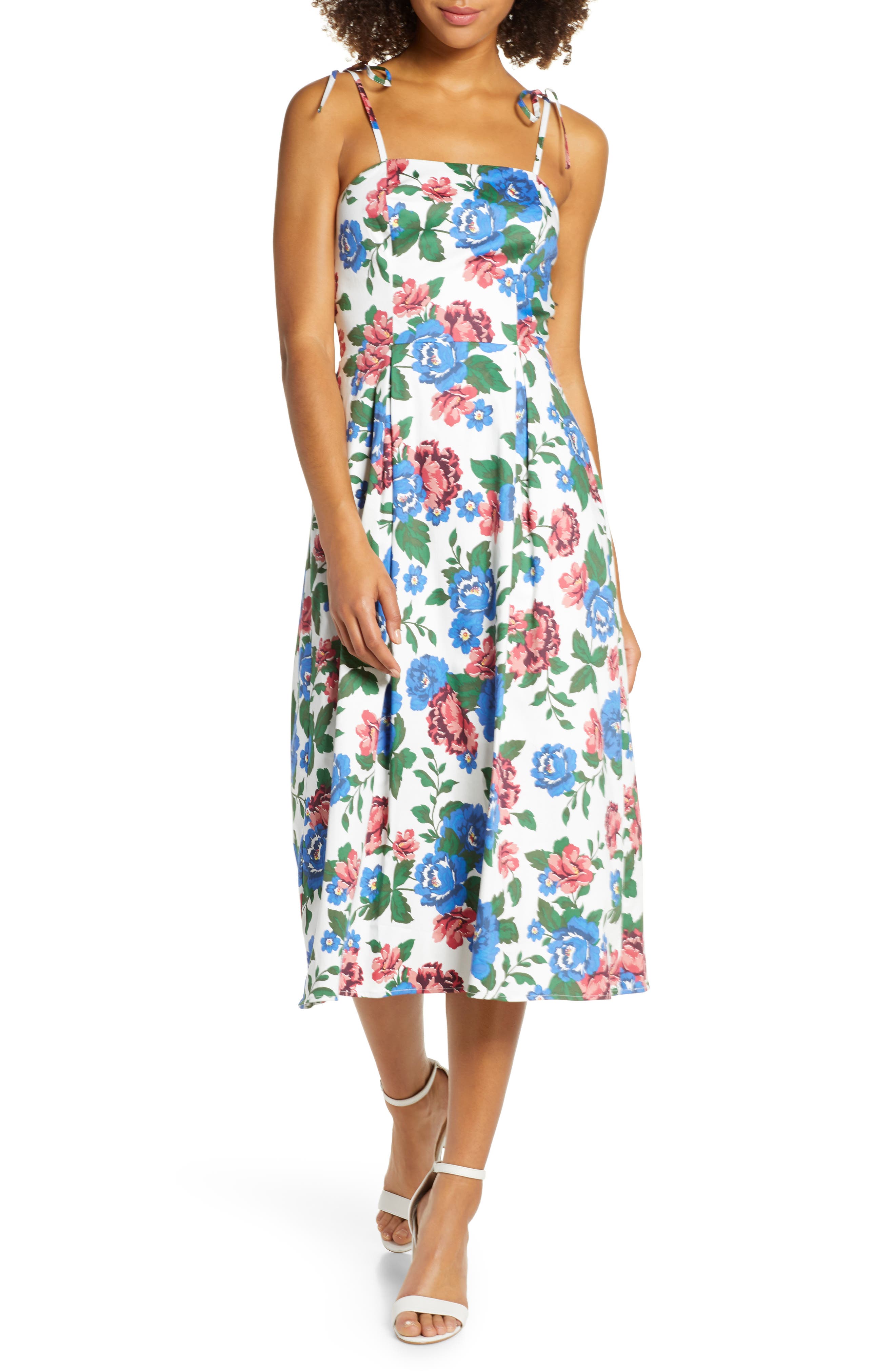 Charles Henry Floral Print Tie Strap Midi Sundress, Ivory