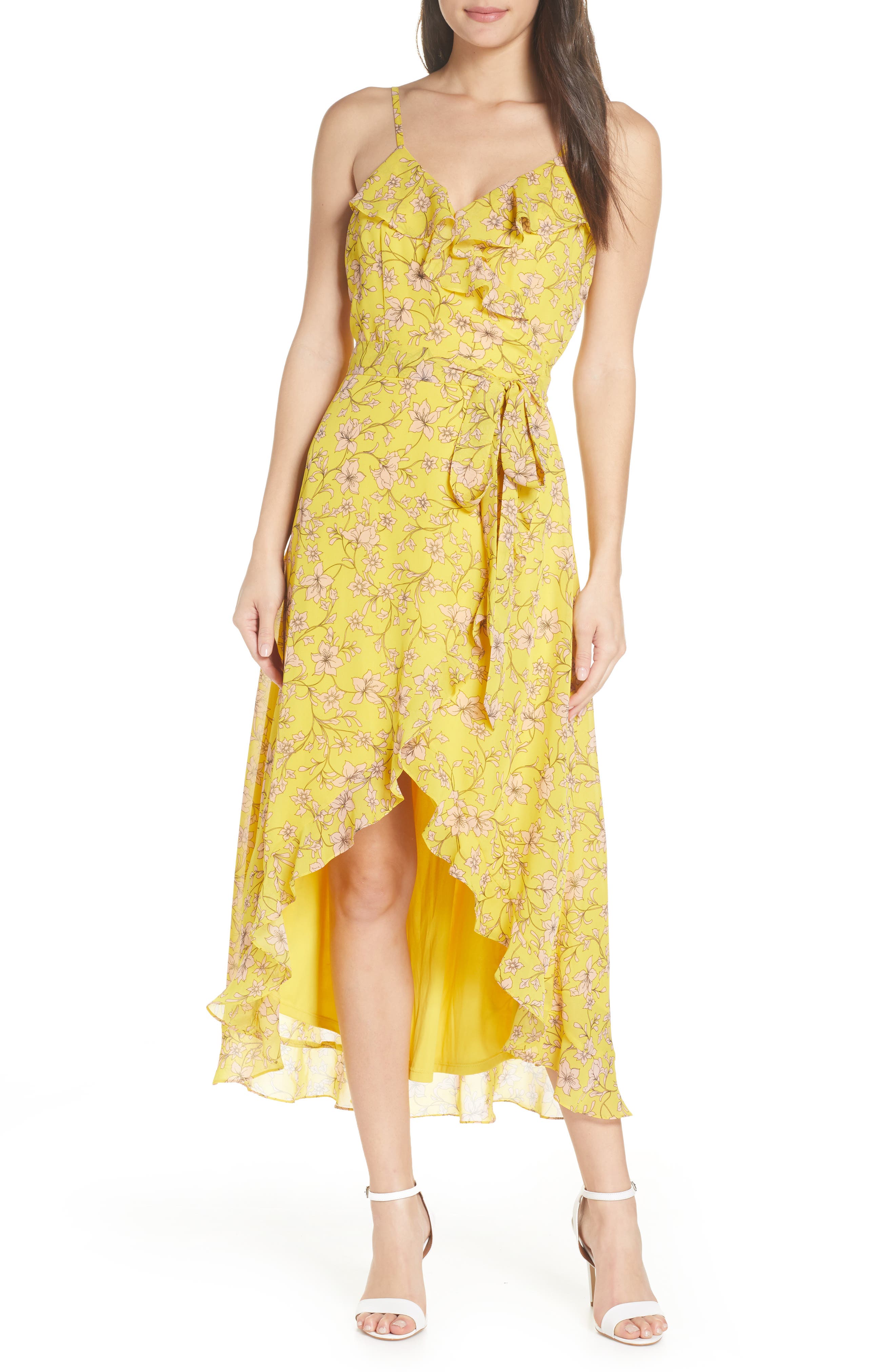 Avec Les Filles Floral High/low Wrap Midi Dress, Yellow