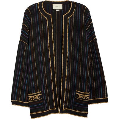 Gucci Metallic Stripe Wool Blend Sweater Jacket, Black